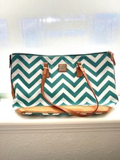 Dooney  Bourke Chevron Tote Bag   Teal  White Canvas with Leather Trim