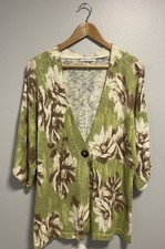 JM Collection 3/4 Kimono Cardigan 1 Button Sweater Cotton Floral Green Cream L