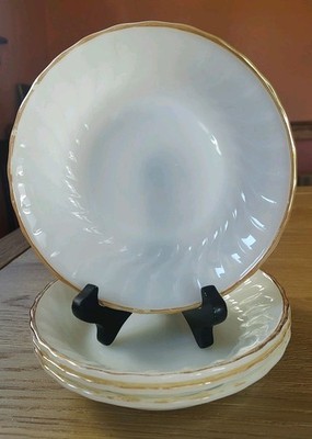Set of 4 Vintage Fire King Golden Shell Soup Bowls White Swirl Milk Glass #2368
