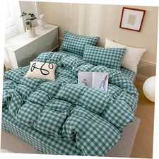 Green Gingham Grid Duvet Cover 100 Washed Cotton Queen 03 - Green/Blue Plaid