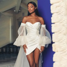 Short Sheath Sweetheart Wedding Dresses With Detachable Long Puff Sleeves Train