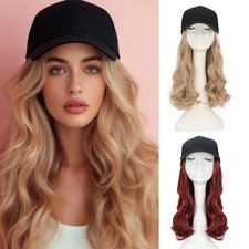 Baseball Cap Black Hat with Long Wavy Synthetic Hair Wig for Women Long FullHead