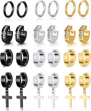 12 Pairs Stainless Steel Small Hoop Earrings Set Huggie Earrings CZ Inlaid Dangl
