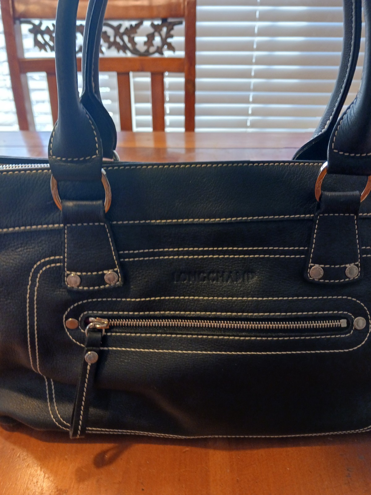 Longchamp Black Leather Shoulder Bag Silver Hardware Red Lining