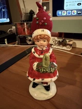 Vintage Schmid Porcelain Christmas Girl Pin Cushion Thimble Holder 8”