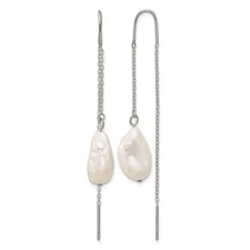 Stainless Steel White Baroque Cultured Pearl Threader Drop & Dangle Earrings 4gm