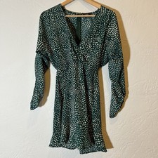AX Paris Green Polka Dot Long Sleeve V Neck Fit Flare Dress UK 10 US 6
