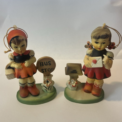 VTG SET (2) LITTLE GIRL'S ONE AT BUS STOP & ONE AT MAILBOX  X-MAS TREE ORNAMENT