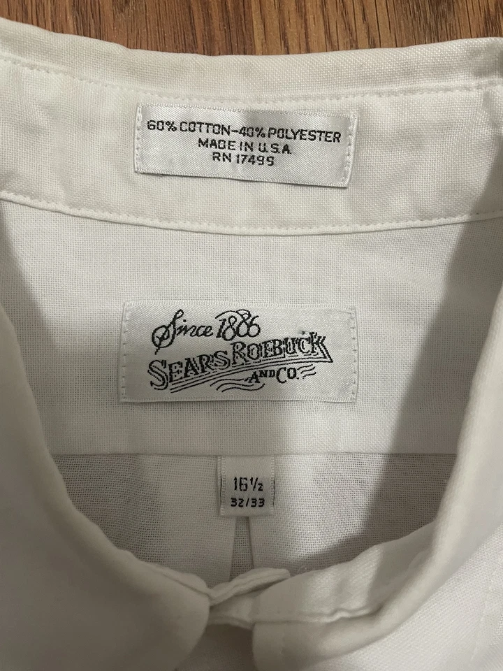 Sears Roebuck Shirt Mens 16.5 80s Made USA White Button Front - Image 2 of 4