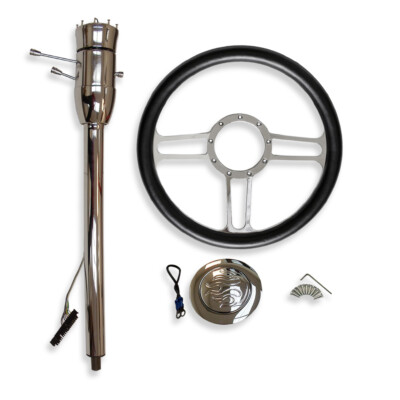For GM Chrome 32'' Manual Steering Column &14'' Steering Wheel &Flamed Horn Button