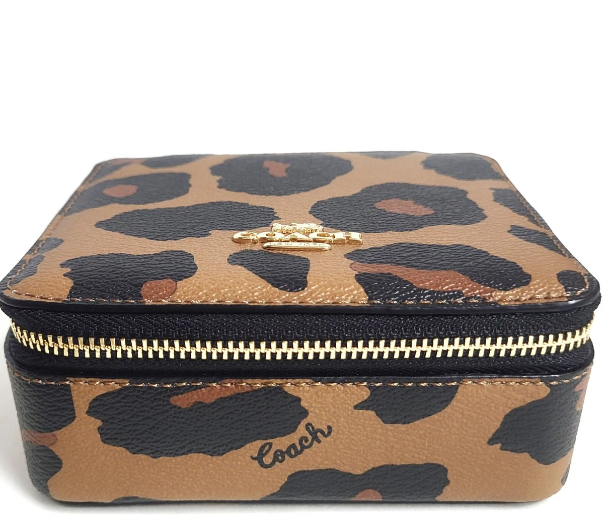 Coach Large Leopard Print Jewelry Box Gold Light Saddle Multi