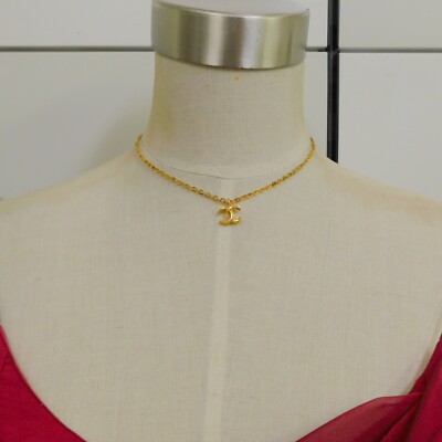 CHANEL Gold Plated CC Logos Charm Vintage Chain Necklace Pendant