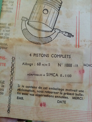 Jeu Complet Pistons Simca 8/1100 - Cote 68 STD - Neuf D'époque (boîte Stockée)