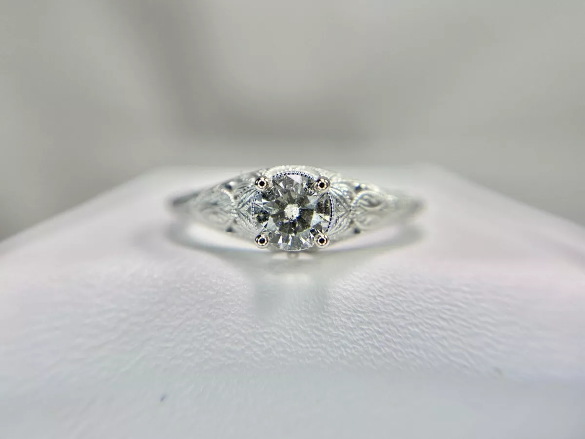 14k White Gold Vintage Style Natural Round Diamond Filigree