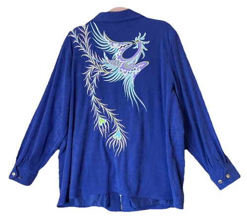 Bob Mackie 2X Wearable Art Embroidered Phoenix Jacket Blue Faux Suede Full Zip - Picture 3 of 8