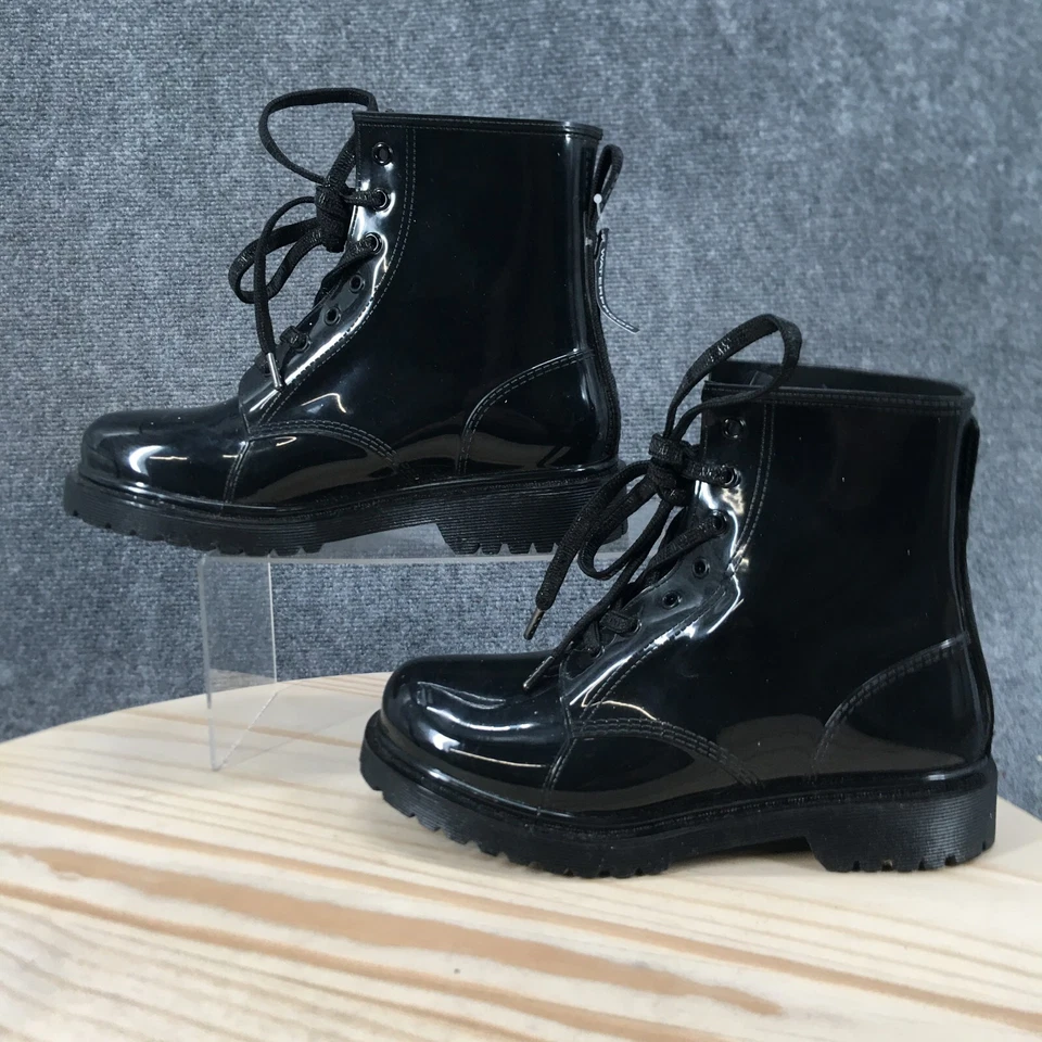 DKNY Rain Boots Womens 9 Tilly Black Rubber Lace Up Round Toe Ankle Top - Image 2 of 4