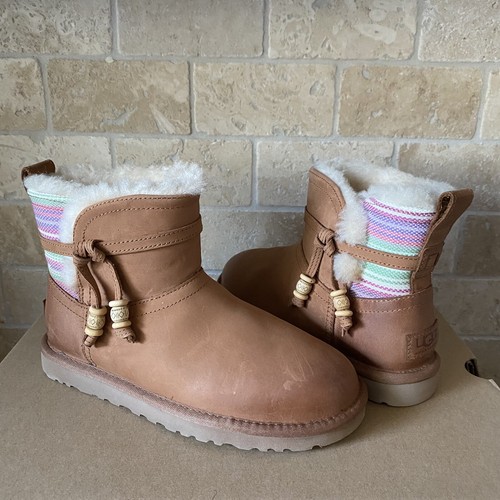 UGG Auburn Serape Chestnut Leather Sheepskin Ankle Mini Boots Women Size US 6