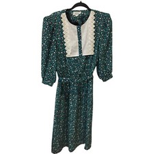 MCS Ltd Modest Bib Blouson Midi Dress Teal Floral Womens Size 10 Long Sleeve