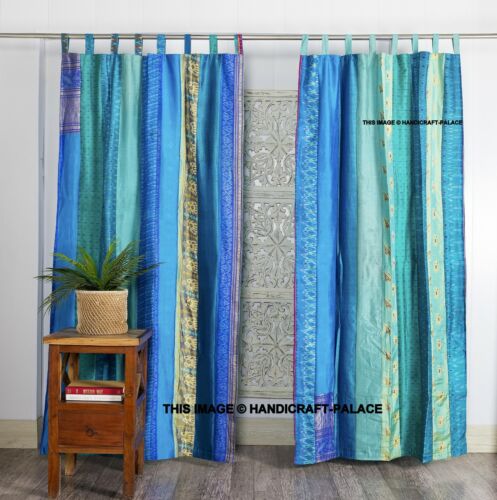 Indian Old Sari Aqua Color Curtain Door Drape Window Decor Silk Sari Curtains - Afbeelding 1 van 5