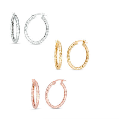 Diamond Cut Three Pair Hoop Earrings Set in Real 10K White, Yellow or Rose Gold