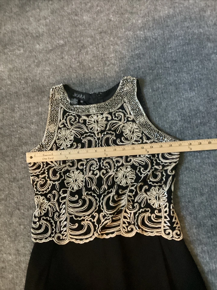 Vestido JKara 6 Pequeño Negro Vestido Floral Cuentas Lentejuelas Forrado Bordado Boda Foto 4 de 4