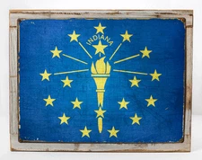 Indiana State Flag Metal Sign Framed on Rustic Wood, Americana, Rustic Déco