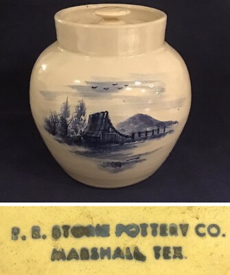 Antique Paul R Storie Pottery Crock w Lid Old Barn Texas Barn Landscape ~Marked