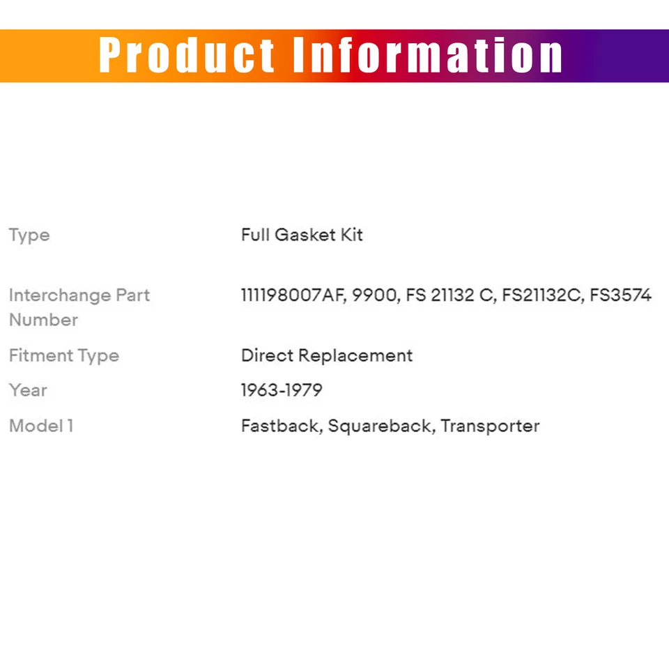 Head Gasket Set For Volkswagen Beetle Transporter Fastback Karmann Ghia 1.6L Foto 3 de 4