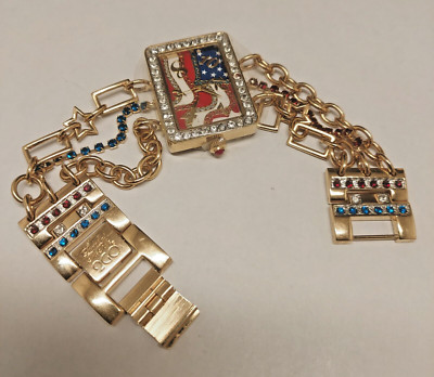 Lunch At The Ritz Watch LATR 2GO American Flag Vintage Rhinestone Gold Tone