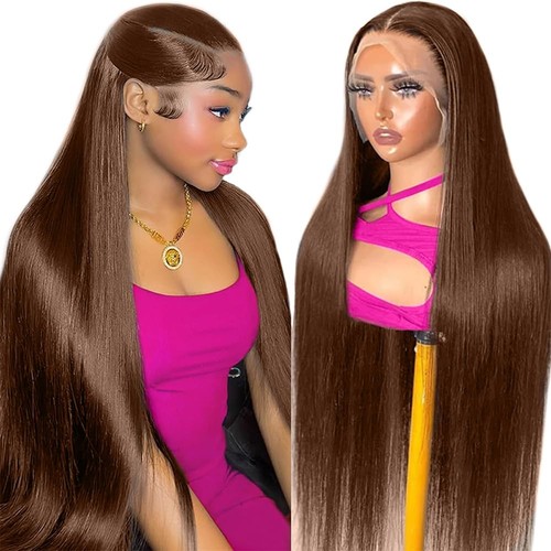 26 Inch Brown Straight Lace Front Wigs Human Hair Chocolate Brown Lace Front ... - Picture 2 of 6