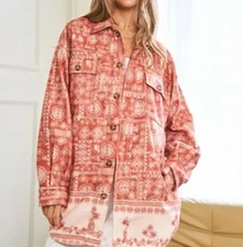 Davi & Dani Ethnic Border Printed Body Button Front Shacket Spice Tan