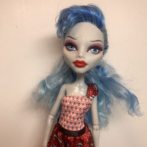 Monster High Dot Dead Gorgeous Ghoulia Yelps Doll 2008 Blue Hair Red Dress - Picture 2 of 11