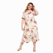 Lane Bryant Floral Gold Metallic Midi Dress Sz 14 Puff Sleeve Tiered Cottagecore