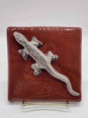 Handmade Studio Art Pottery Folk Art Lizard Wall Tile Rustic Terracotta Clay