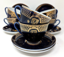 UdSSR Lomonossow 6 x Teetasse und Untertasse Kobaltblau 22k Gold