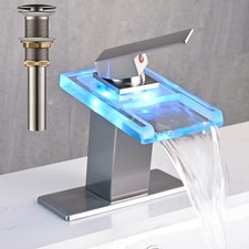 LED Bathroom Sink Faucet Brushed Nickel Waterfall Single Hole Handle Vanity