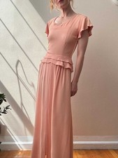 Vintage 1930s Ballet Pink Silk Crepe Flutter Sleeve Peplum Waist Maxi Dress Gown