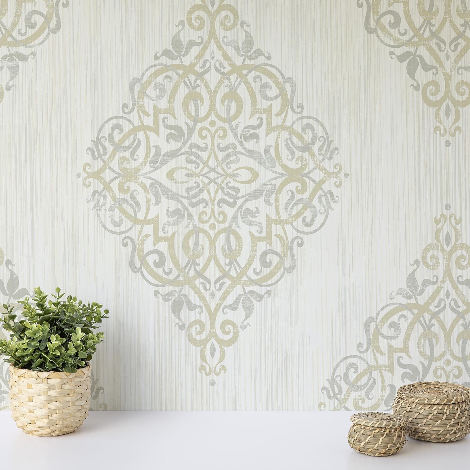 White Baroque Damask Wallpaper Designer Wallpapers Classic Acrylic Coated