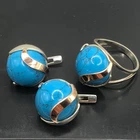 Vintage Turquoise Sterling Silver 925 9k Gold Ring Earrings Women`s Jewelry Set