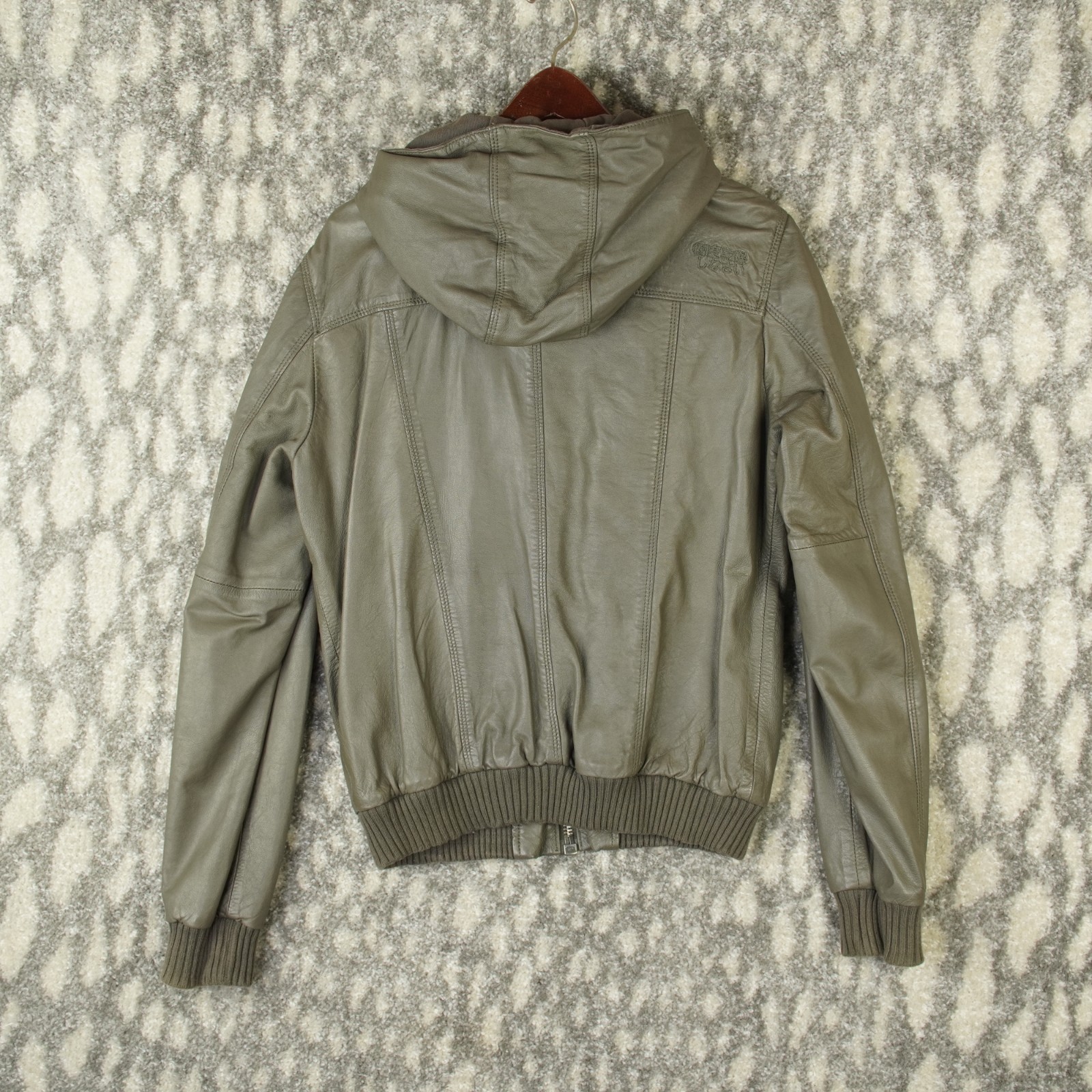 Superdry Hooded Leather Bomber Jacket Womens Size Large Green Multi-Pockets EUC image 3