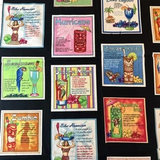 HAWAIIAN TIKI LOUNGE MICHAEL MILLER COCKTAIL RECIPE COTTON FABRIC BLACK