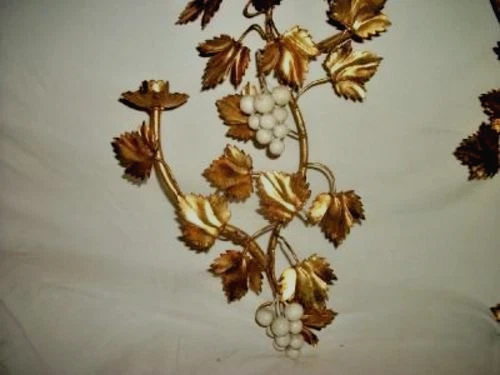 Italian Tole Gilt Sconces White Grapes Long Narrow Pair Stunning French Style - Image 4 of 4