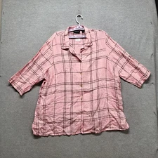 Avenue Women Button Up Shirt 26/28 Pink Linen Plaid Collared Front
