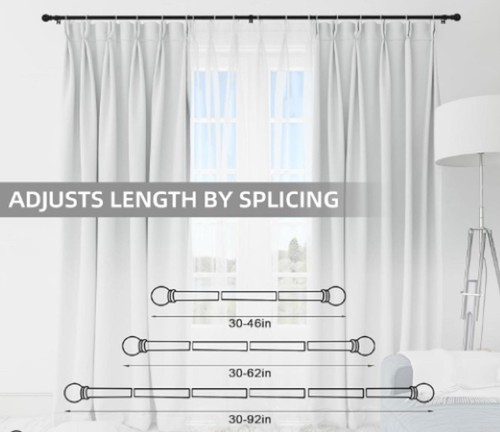 Adjustable Black Curtain Rod with Hardware Included - 30 to 84-92 inch, 5/8" - Picture 3 of 4