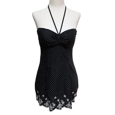 90s Y2K Guess Black White Polka Dot Halter Top Daisy Embroidered Trim Sz S