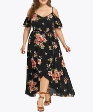 Rosegal Plus Size Black Rose Floral Maxi Dress Cold Shoulder Front Split Sz 24