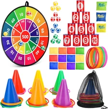 3 Set Carnival Games Combo Kit Dart Board Balls Plastic Cones Ring Bean Bags Tos