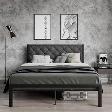 Metal Platform Bed Frame, Fabric Upholstered Button Tufted Headboard, Dark Grey