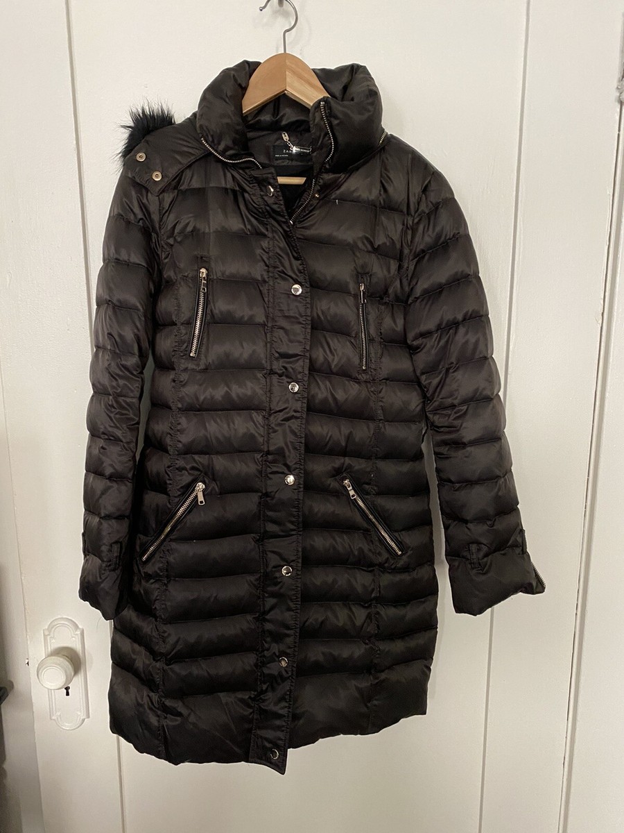Zara Women's Puffer Down Jacket Fur Hood Sz M Fitted Winter Coat