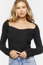 Forever 21 Sweater Women L Black Ribbed Fuzzy Knit Crop Sweetheart Neckline NEW